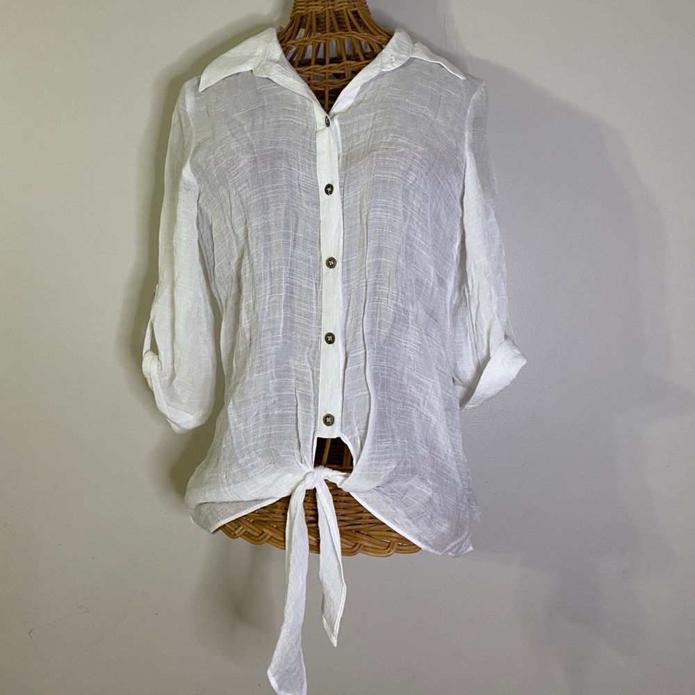 BCX sheer white tie front button down